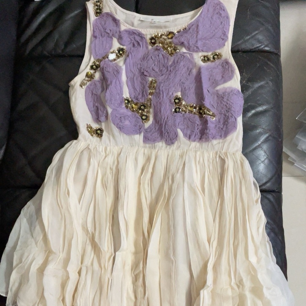 Cream and Purple Sleeveless Dress with Embellishments